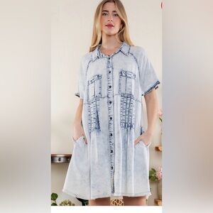 Blue Velvet Washed Denim Short Sleeve Casual Light Blue Shirt Dress